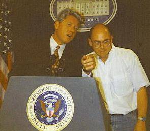 Bill and Danny (1997) working the press corps.Photo by Phil Broxham